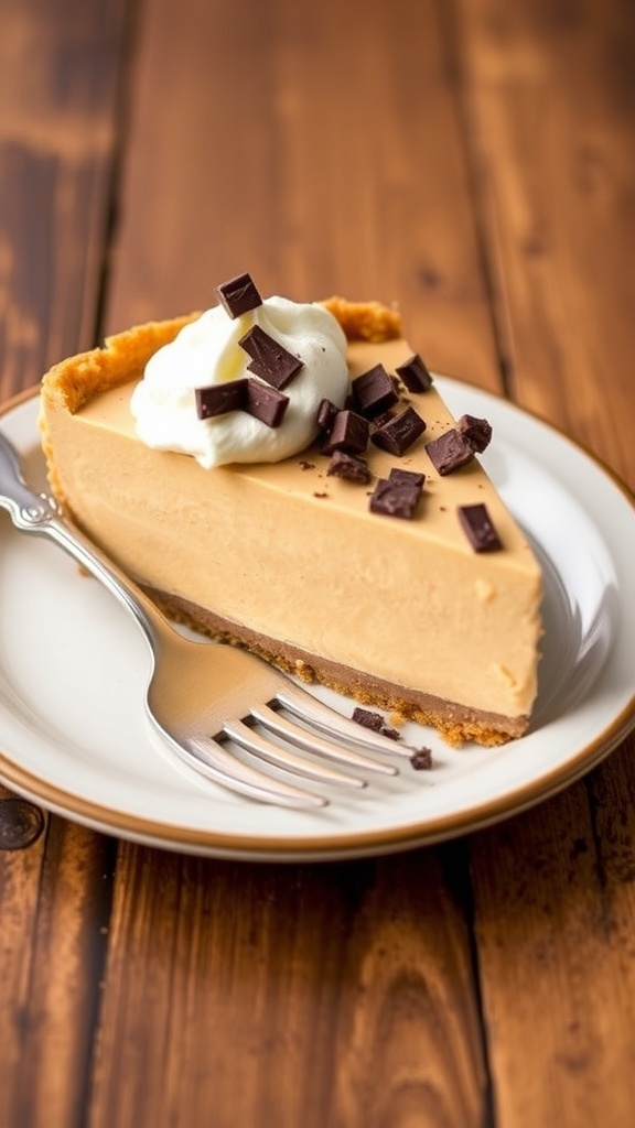 A slice of peanut butter pie with chocolate shavings and whipped cream on a rustic table.